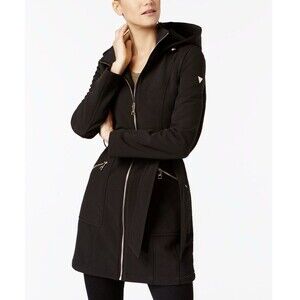 GUESS Women’s Medium Black Softshell Belted Hooded Jacket Zip Pockets Moto Style